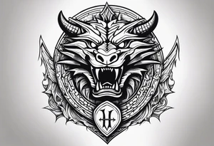 Valhalla sword shield dragon head muscle tattoo idea
