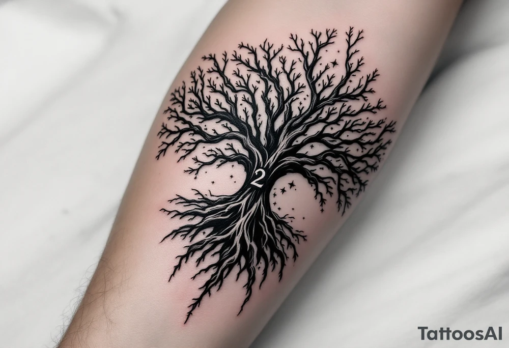 mystical tree of life with cosmic roots and celestial branches with the number 2 incorperated on the outer forearm tattoo idea