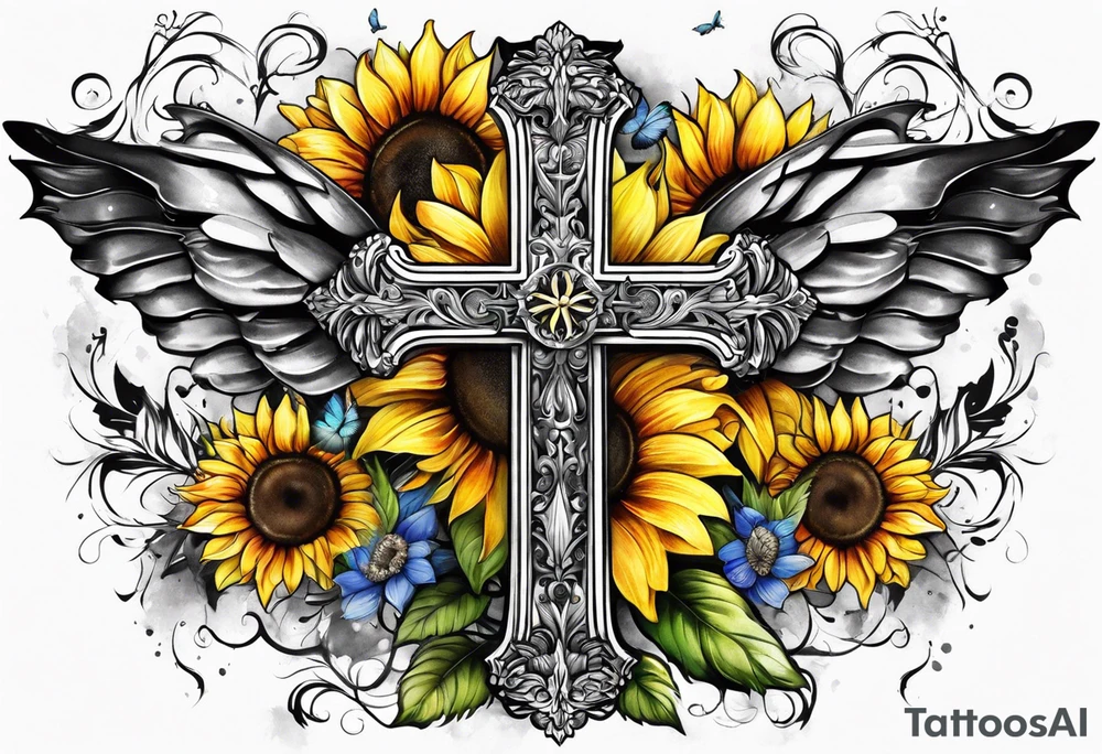 Winged cross with sunflower flowers and butterflies calf sleeve tattoo idea