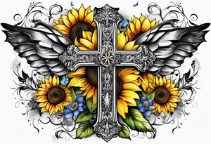 Winged cross with sunflower flowers and butterflies calf sleeve tattoo idea