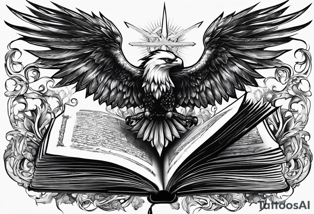 an open book with a sword through it, wings and sparks surrounding the book. tattoo idea