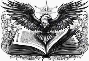 an open book with a sword through it, wings and sparks surrounding the book. tattoo idea
