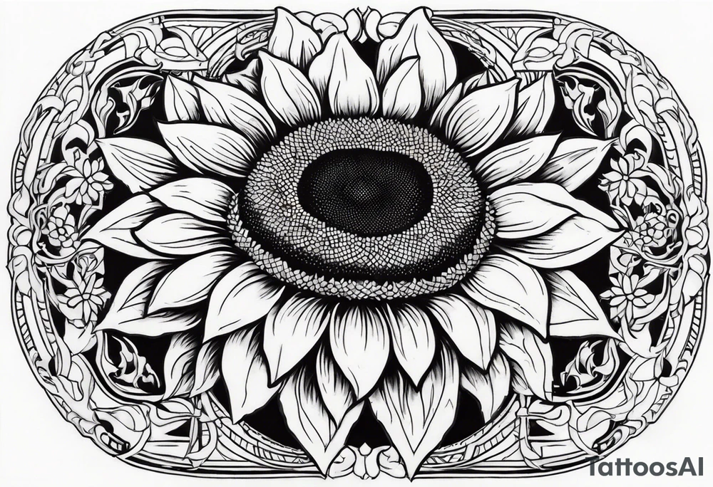 A steel horseshoe with a sunflower in the center tattoo idea