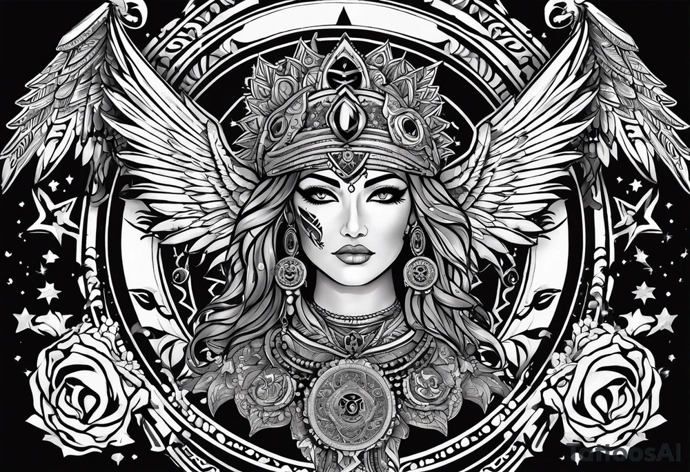 black kali, goddess pirate, alien, angel, pachamama, valkrye, warrior, flying, skull, lotus azul, wing, eagle, zenza resonance, stars, 5D, anahata chakra tattoo idea