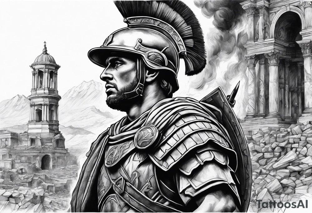 Roman soldier looking left at burning ruins tattoo idea