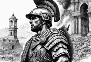 Roman soldier looking left at burning ruins tattoo idea