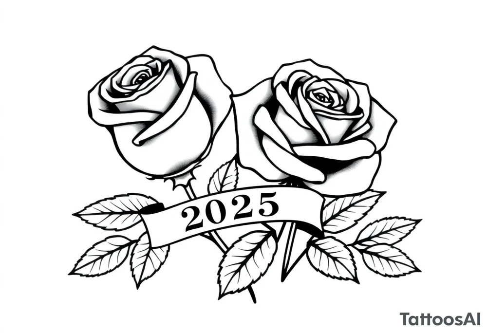 two beautiful large rose buds, one larger than the other, with many leaves next to the rose buds, with one sitting slightly higher than the other, side-by-side.  Include a banner connecting the two roses with the year 2025 on it.   Use dark outlines with little shading. No stems tattoo idea