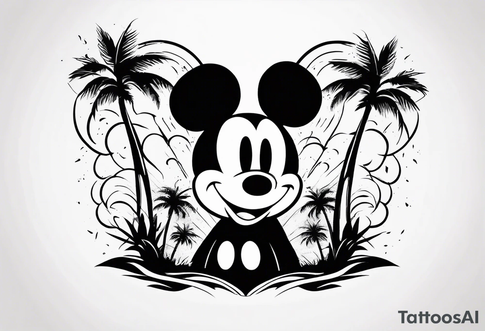mickey mouse in a lightning storm with palm trees and the celtic symbol for family tattoo idea