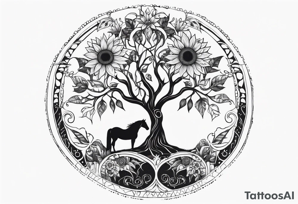 Yggdrasil tree, horse, sunflower tattoo idea