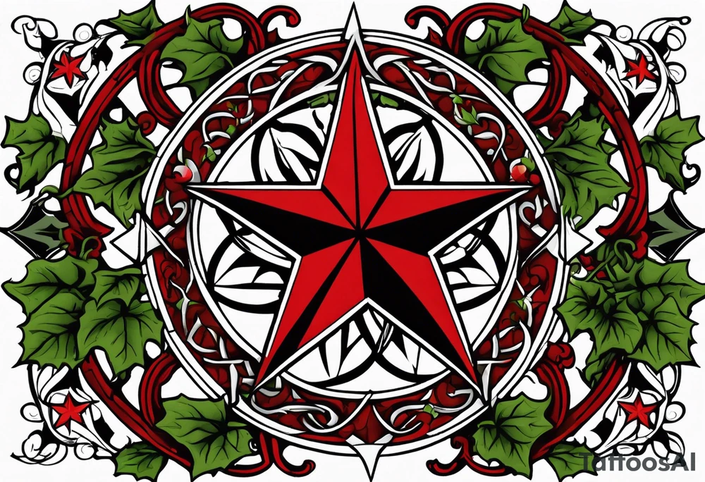 Texas star with a ring around it. Thick ivy in the background. Design bordered with thick lines on the top and bottom. Black with red highlights tattoo idea