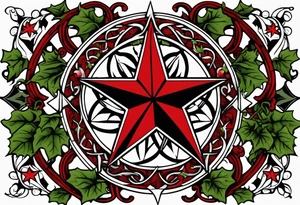 Texas star with a ring around it. Thick ivy in the background. Design bordered with thick lines on the top and bottom. Black with red highlights tattoo idea