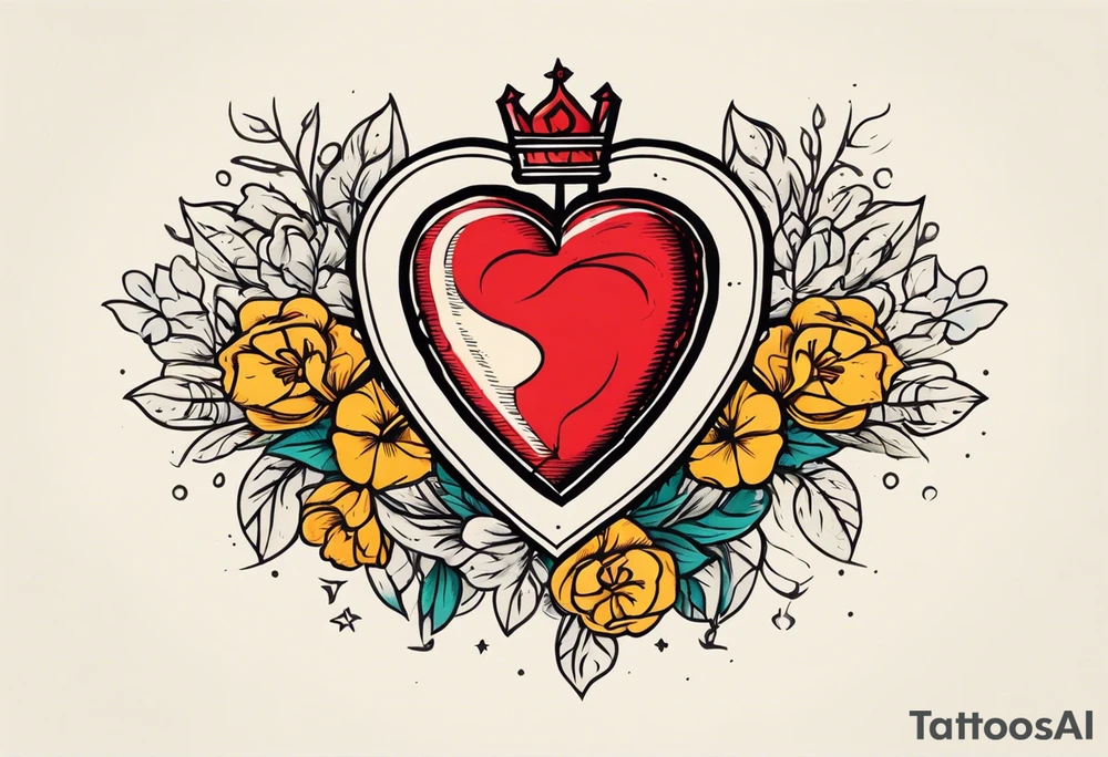 sacred heart vintage traditional tattoo simple sketch old school bold colors with banner christian
symbol
flowers crown on top of heart tattoo idea