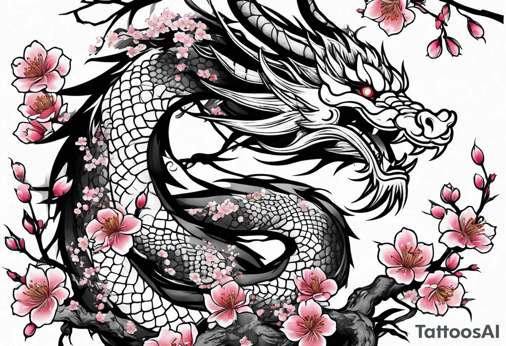 Japanese dragon, cherry blossoms, full sleeve tattoo idea