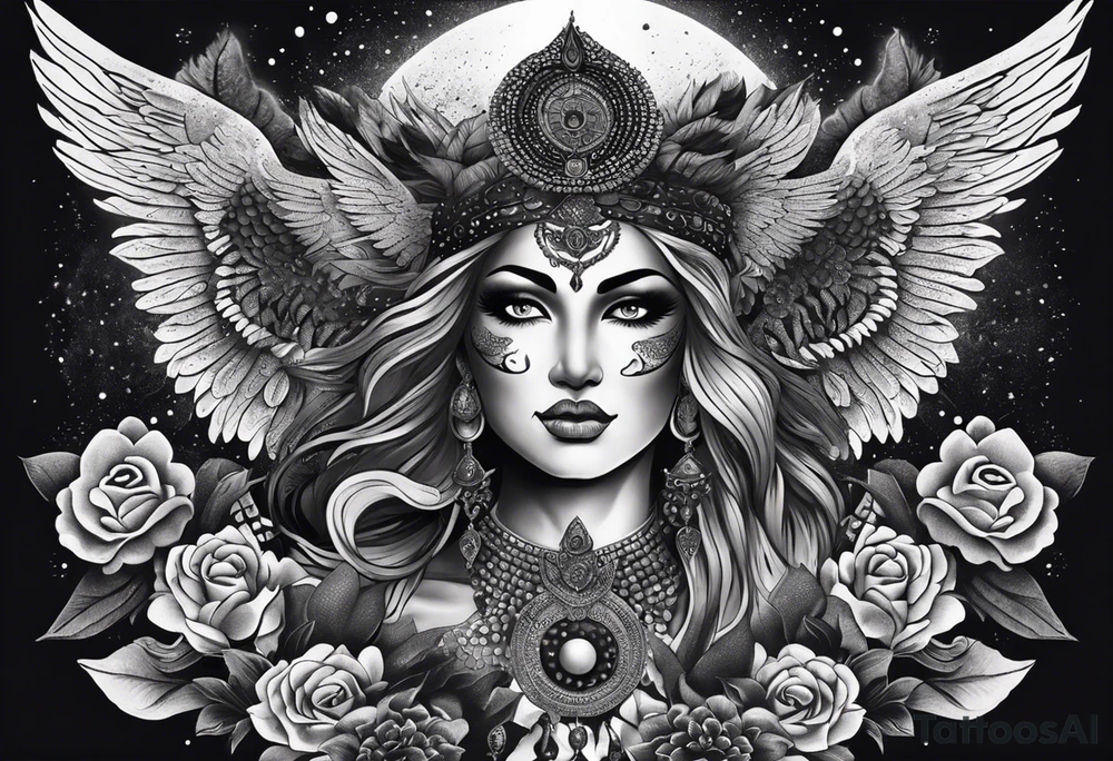 black kali, goddess pirate, alien, angel, pachamama, valkrye, warrior, flying, skull, lotus azul, wing, eagle, zenza resonance, stars, 5D, anahata chakra, death, durga, riding on a tiger, flying lady, kundalini, chest tatoo, samuri, rebel, serpent tattoo idea