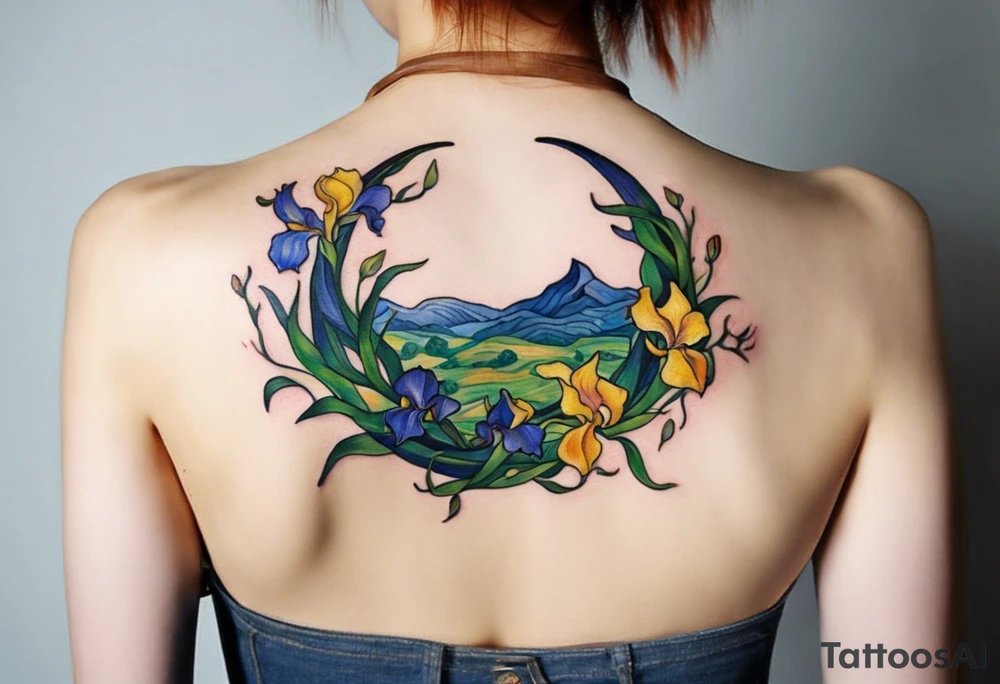 Create a small, colorful Vincent van Gogh Irises tattoo in the form of a crescent, with vines gracefully intertwining at a central point in the middle of the wreath. The intended placement is on the upper chest. The middle needs mountains. The overall design should be small in size while maintaining a delicate and artistic aesthetic. Pay attention to the graceful flow of the vines and the placement of the irises to achieve a refined and elegant look. tattoo idea