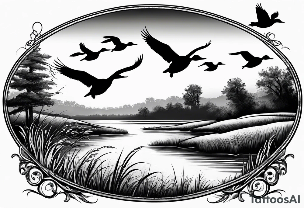 ducks flying over marsh and dog watching them tattoo idea
