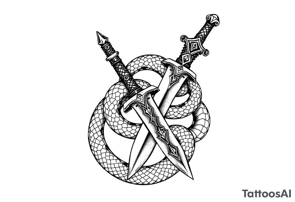 mystical snake coiled around an ancient dagger with jeweled hilt tattoo idea