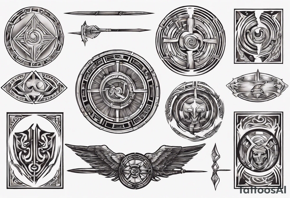 rectangle-long tattoo within a half-circle configuration with a shield and spear with ancient Greek art intertwined tattoo idea