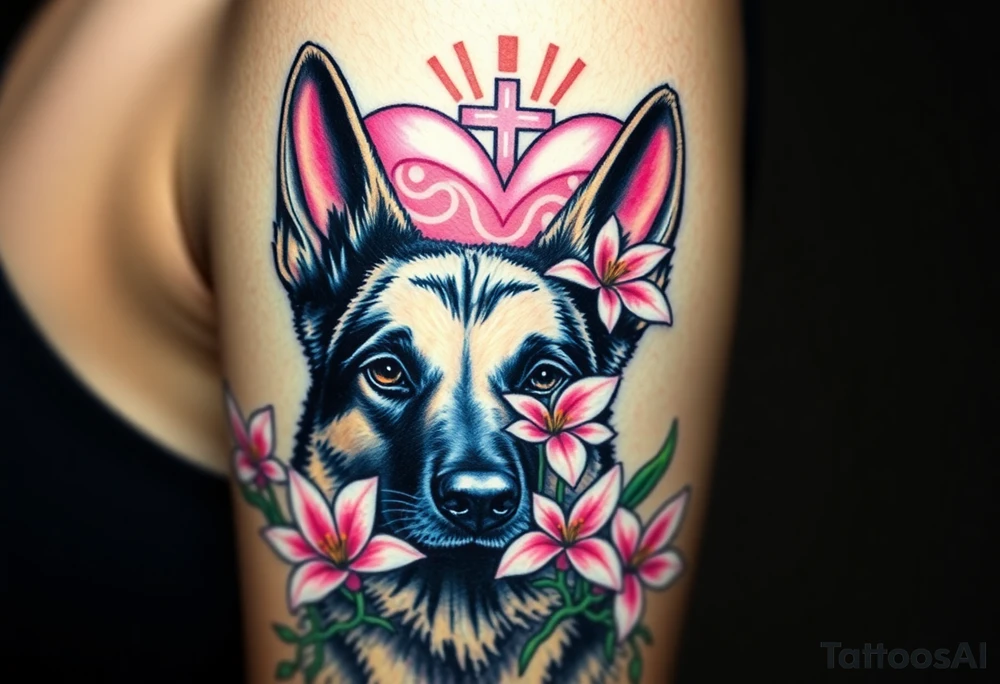 realistic german shepherd with alert ears looking protective with pink lilies in front of a sacred heart tattoo idea