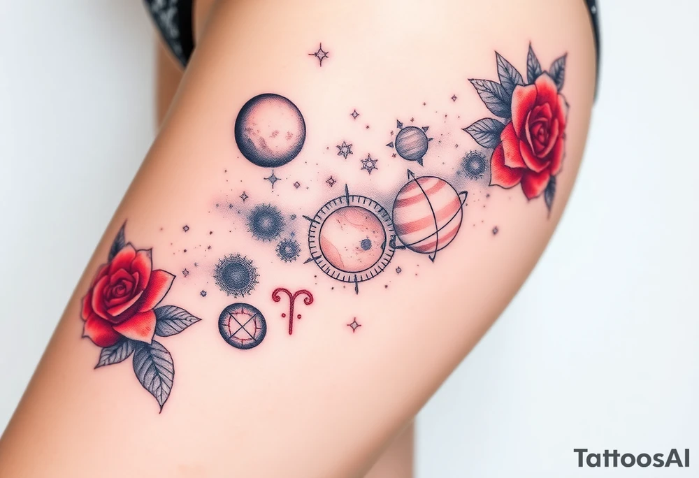 Milky way galaxy with planets with zodiac symbols and protection runes in it with red roses and sunflowers tattoo idea