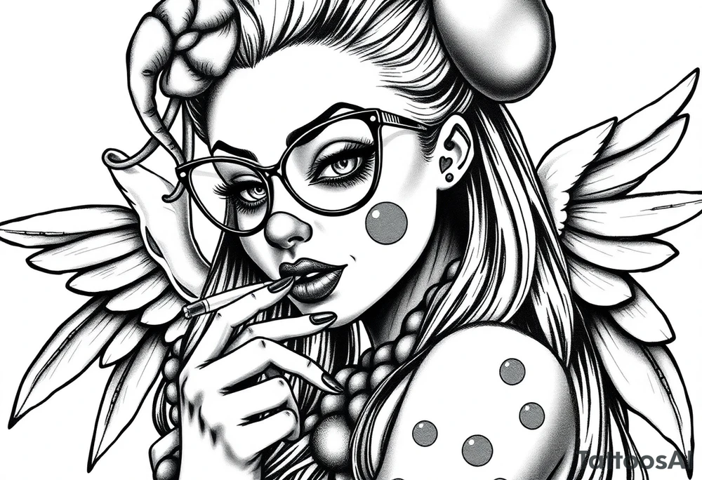 beautiful long hair pin up Clown Girl thug eyeglasses angelic wings smoking a cigarette tattoo idea