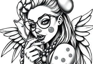 beautiful long hair pin up Clown Girl thug eyeglasses  angelic wings smoking a cigarette tattoo idea