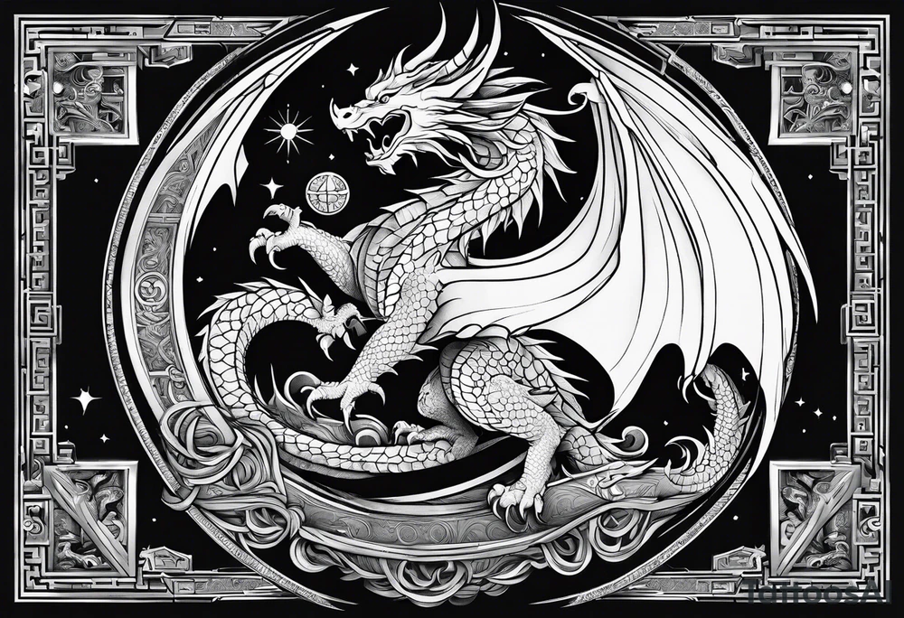 Dragon roman empire building straight lines sun moon tattoo idea Dragon roman empire building straight lines sun moon tattoo idea