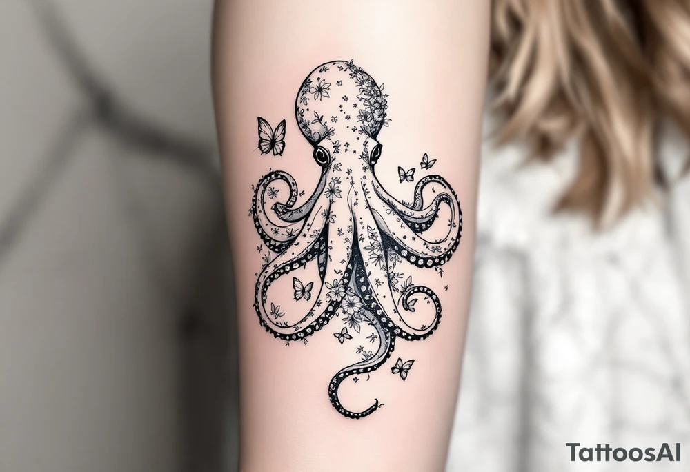 A simple fine-line tattoo design of a single octopus made entirely of flowers and butterflies. The octopus’s tentacles are shaped like flowing floral vines with leaves and petals, and its body is composed of overlapping blossoms and butterfly wings. Incorporate sacred geometry. The style is minimalist, elegant, and nature-inspired, with delicate black and grey lines, soft shading, and no outlines. No aquatic or marine elements besides the floral octopus. Simple. The design flows organically down the upper arm or shoulder, with a light, airy feel, minimalist tattoo idea