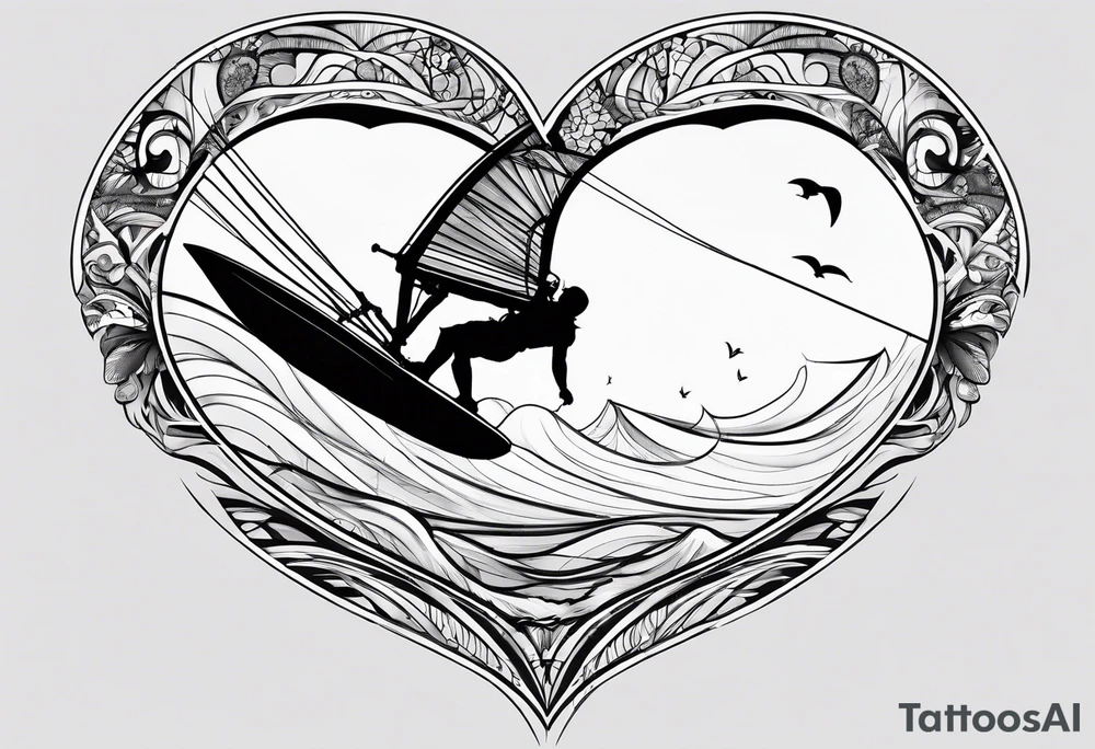 I want a very thin tattoo of a kitesurfer with a heart-shaped sail inflated by the wind. tattoo idea