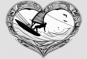 I want a very thin tattoo of a kitesurfer with a heart-shaped sail inflated by the wind. tattoo idea