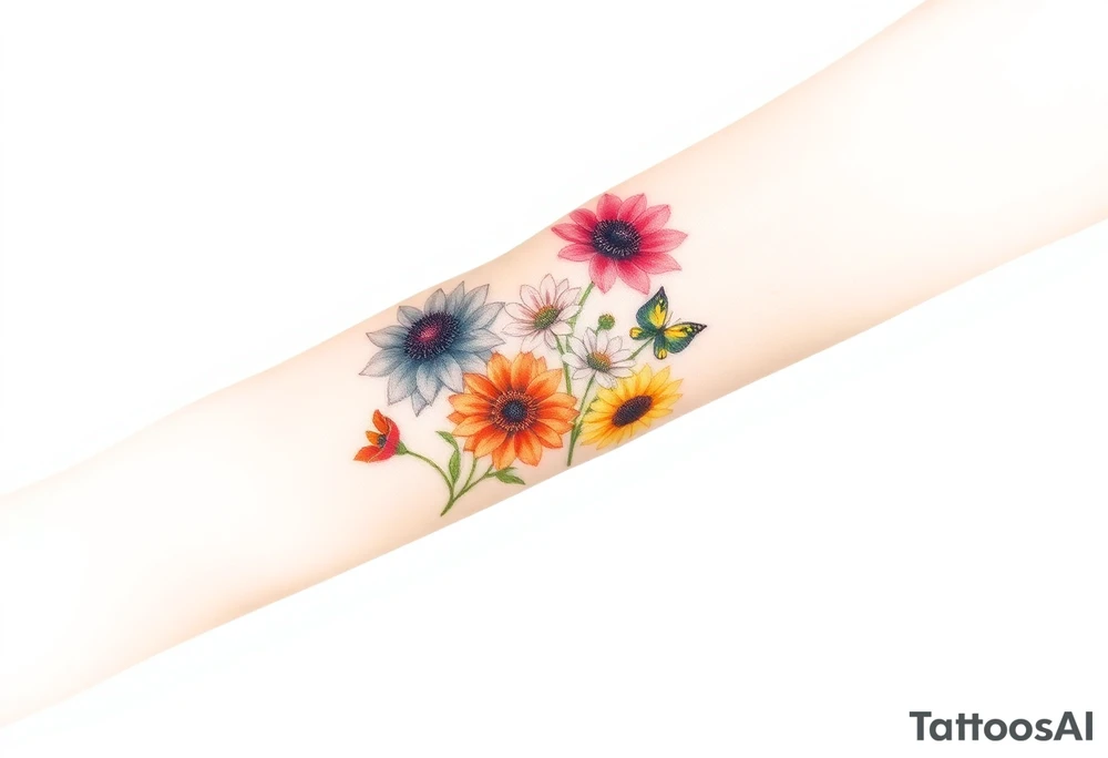 Small watercolour style bunch of wild flowers including Lilly stargazers, sunflowers, poppies and peonies to be placed on forearm tattoo idea