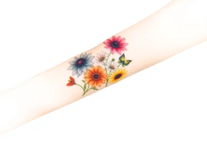 Small watercolour style bunch of wild flowers including Lilly stargazers, sunflowers, poppies and peonies to be placed on forearm tattoo idea