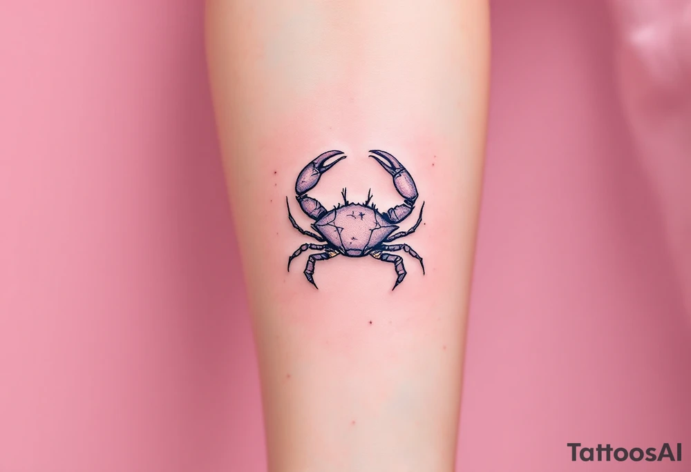 A soft pink sky background frames a hand-poked Cancer star constellation with a faint gray crab outline. tattoo idea