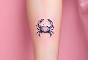 A soft pink sky background frames a hand-poked Cancer star constellation with a faint gray crab outline. tattoo idea