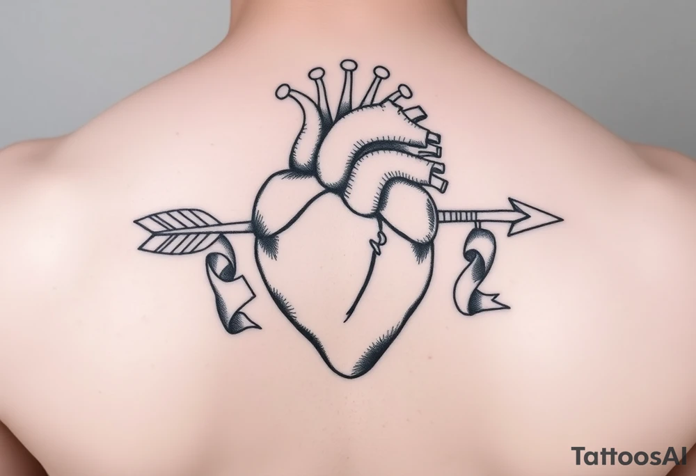 anatomical heart pierced by ornate arrow with flowing ribbons tattoo idea