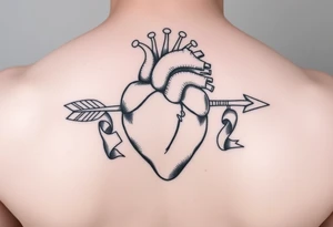 anatomical heart pierced by ornate arrow with flowing ribbons tattoo idea