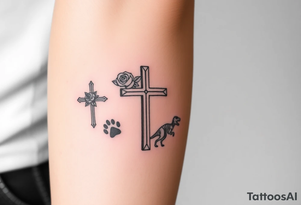 crosses with roses, bulldogs, paw print, dinosaur tattoo idea