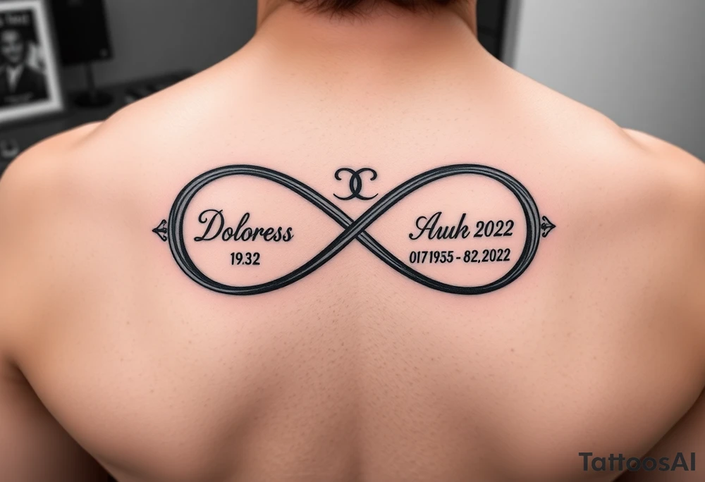 an infinity symbol with Dolores 08.30.1932 – 01.30.2022
Audrey 07.18.1935 – 08.21.2022 tattoo idea
