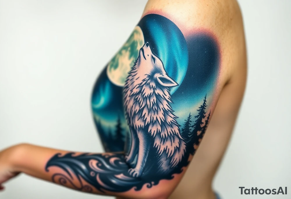 lone wolf howling at full moon with northern lights backdrop tattoo idea