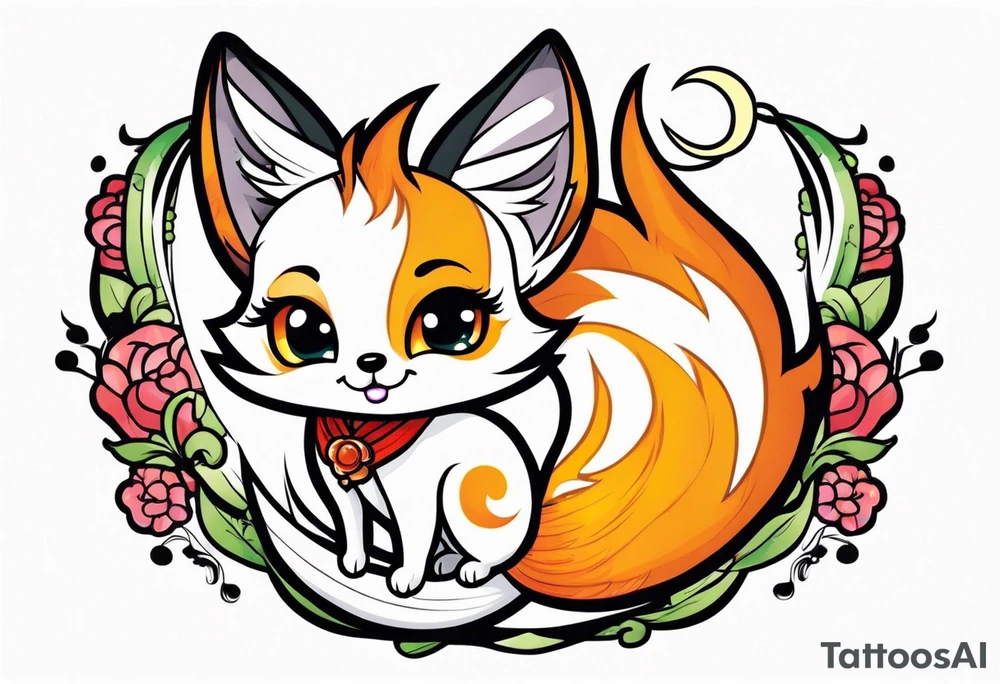 Chibi kitsune with three tails tattoo idea