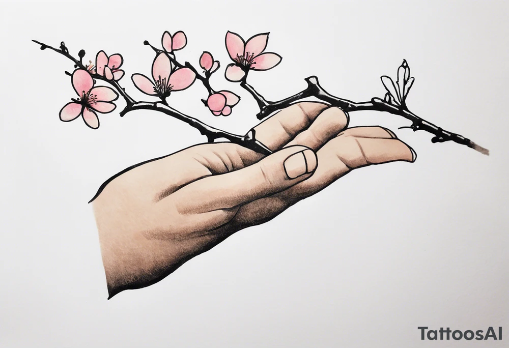 i have a human hand pointing at a skeleton hand tattoo on my left shoulder, the human hand is on the left and ends 3 cm into the wrist of the hand, i want a cherry blossom branch to sprout out of the wrist on the tattoo, then travel down to my arm and wrap around my bicep once, this bit can be floral, then it needs to narrow down and fit through a 7 cm gap in on my forearm then eventually ending in a 10 cm gap on my wrist, this gap can be filled with more blossom flora tattoo idea