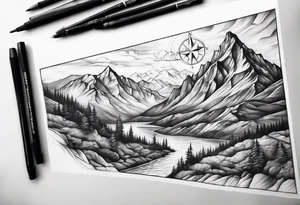 mountains half sleeve with compass tattoo idea