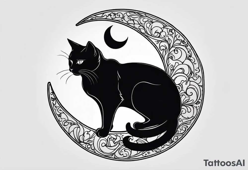 silhouette of full body black cat sitting on outline of crescent moon, simple tattoo idea