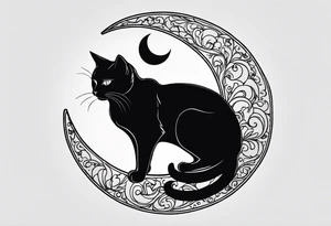 silhouette of full body black cat sitting on outline of crescent moon, simple tattoo idea