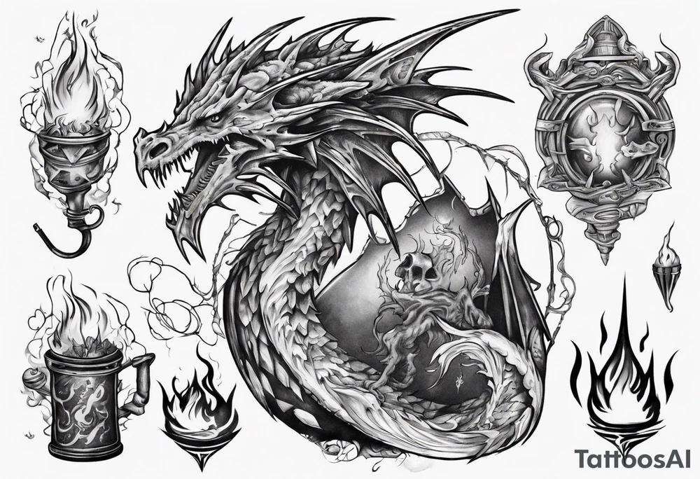 a sward with a wyvern wrapped upon its top with fire and mystical items all around tattoo idea