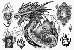 a sward with a wyvern wrapped upon its top with fire and mystical items all around tattoo idea