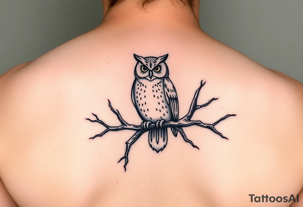 wise owl perched on ancient oak branch under starlit sky tattoo idea