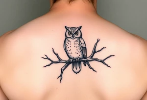 wise owl perched on ancient oak branch under starlit sky tattoo idea