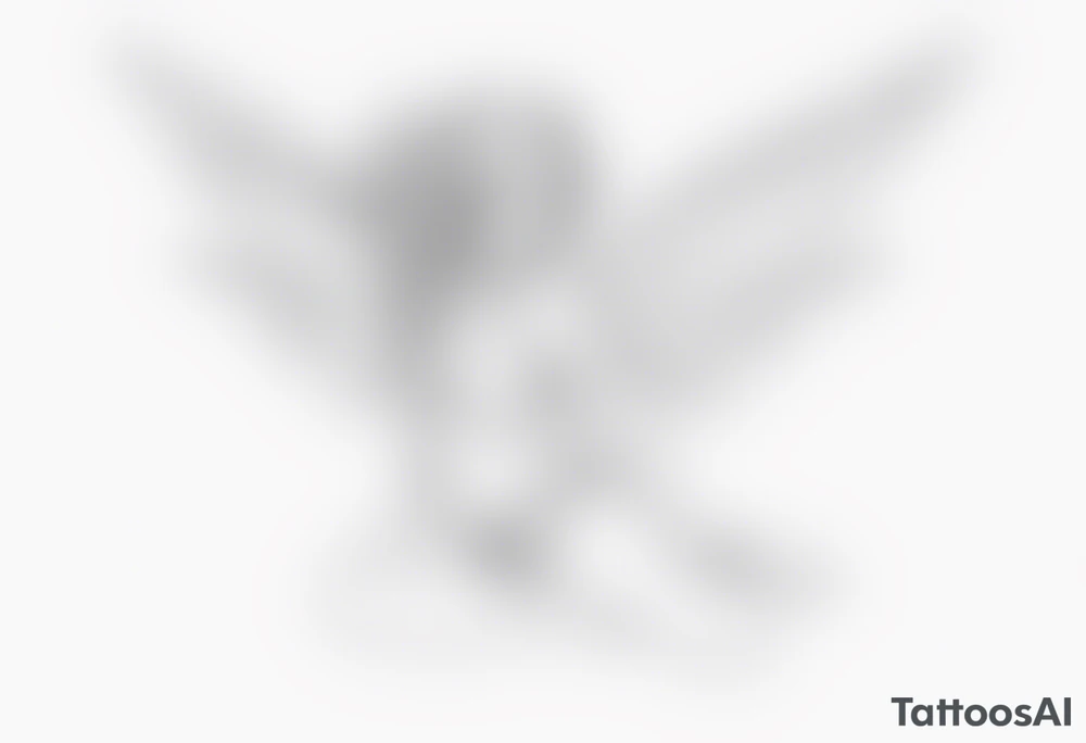 No color sketch of a fairy with a tail inspired by the guild symbol in the anime show called Fairy Tail in a fetal position leaning forward while crawled in and her body is an angle while floating in the air with big wings tattoo idea
