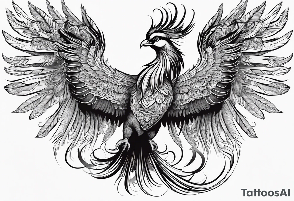 graceful asian style phoenix with extra long tail feathers and a long neck and large feathers tattoo idea